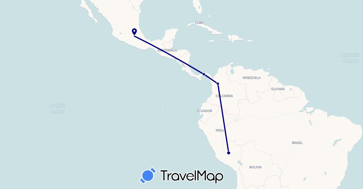 TravelMap itinerary: driving in Colombia, Mexico, Panama, Peru (North America, South America)